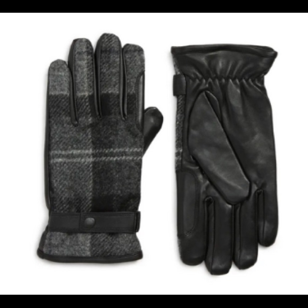 NWT Barbour Newbrough Tartan Leather Gloves, Size Medium, Color: Black/Grey
